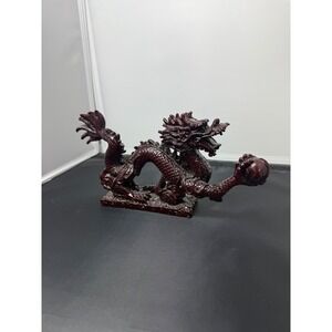 Oriental Dragon Figurine Statue Dark Red Mythical Creature resin‎ Carved Base